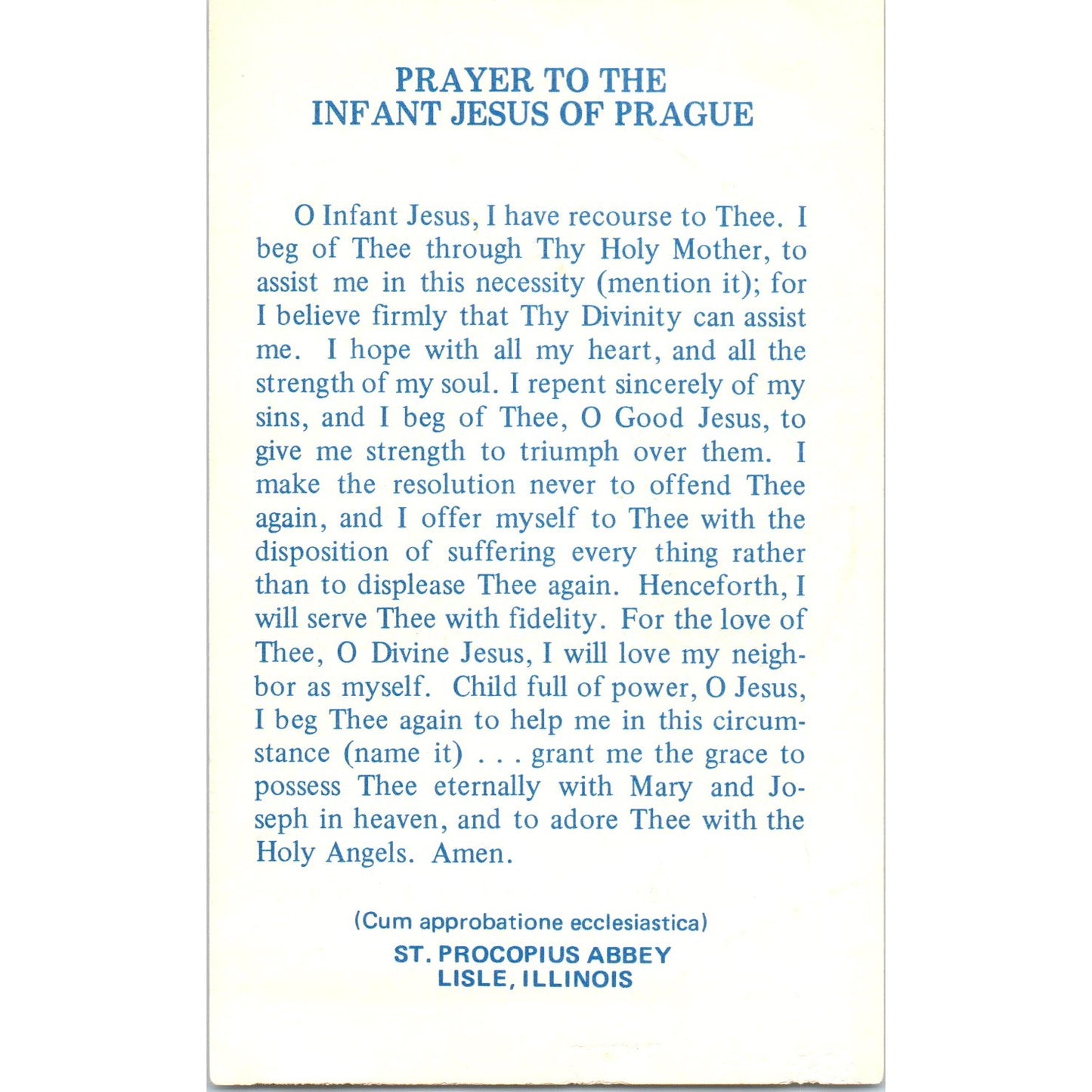 Prayer to the Infant Jesus of Prague St. Procopius Abbey Vintage Card TH2-PC1