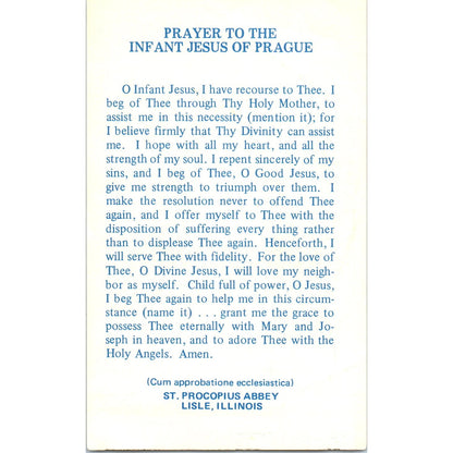 Prayer to the Infant Jesus of Prague St. Procopius Abbey Vintage Card TH2-PC1