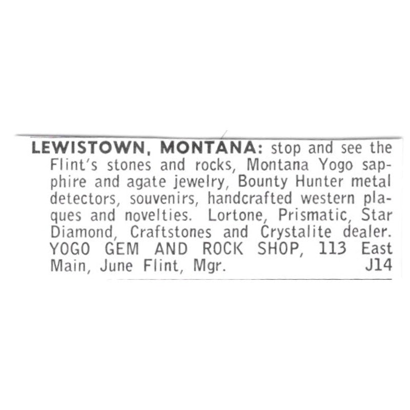 Yogo Gem and Rock Shop Lewistown Montana 1972 Ad AF8-S24