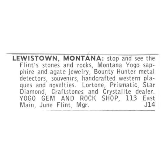 Yogo Gem and Rock Shop Lewistown Montana 1972 Ad AF8-S24