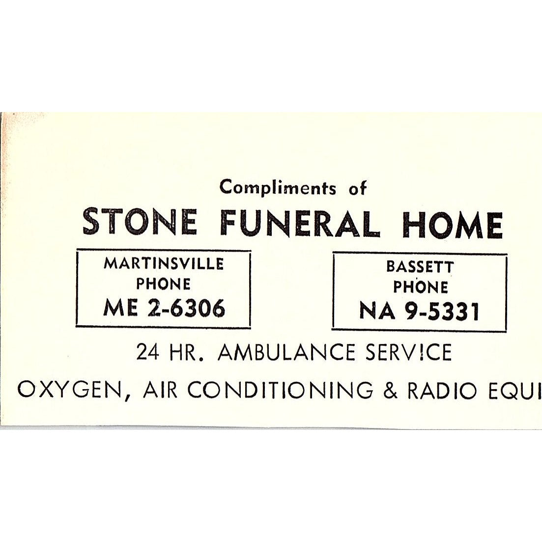 Stone Funeral Home Bassett, Martinsville VA 1960s Ad AG2-M4