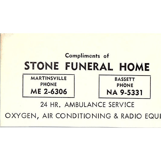 Stone Funeral Home Bassett, Martinsville VA 1960s Ad AG2-M4