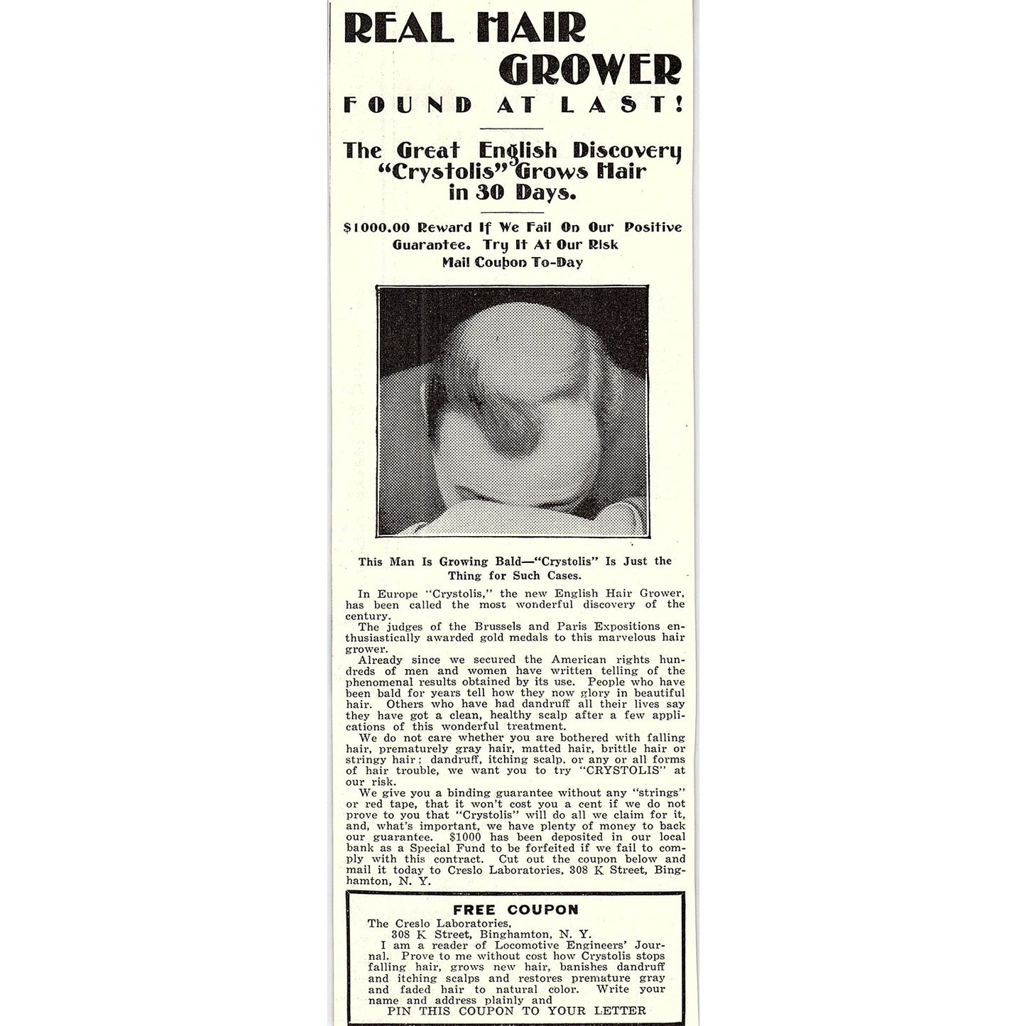 Creslo Laboratories Crystolis Hair Grower Binghamton NY 1914 Original Ad AF3-10