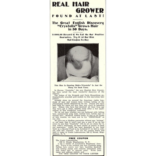 Creslo Laboratories Crystolis Hair Grower Binghamton NY 1914 Original Ad AF3-10