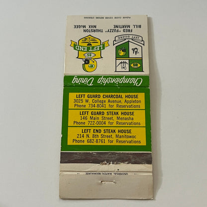 Green Bay Packers Restaurants Fred Fuzzy Thurston Bill Martine Max McGee Vintage Matchbook Cover TB6-MB2-6
