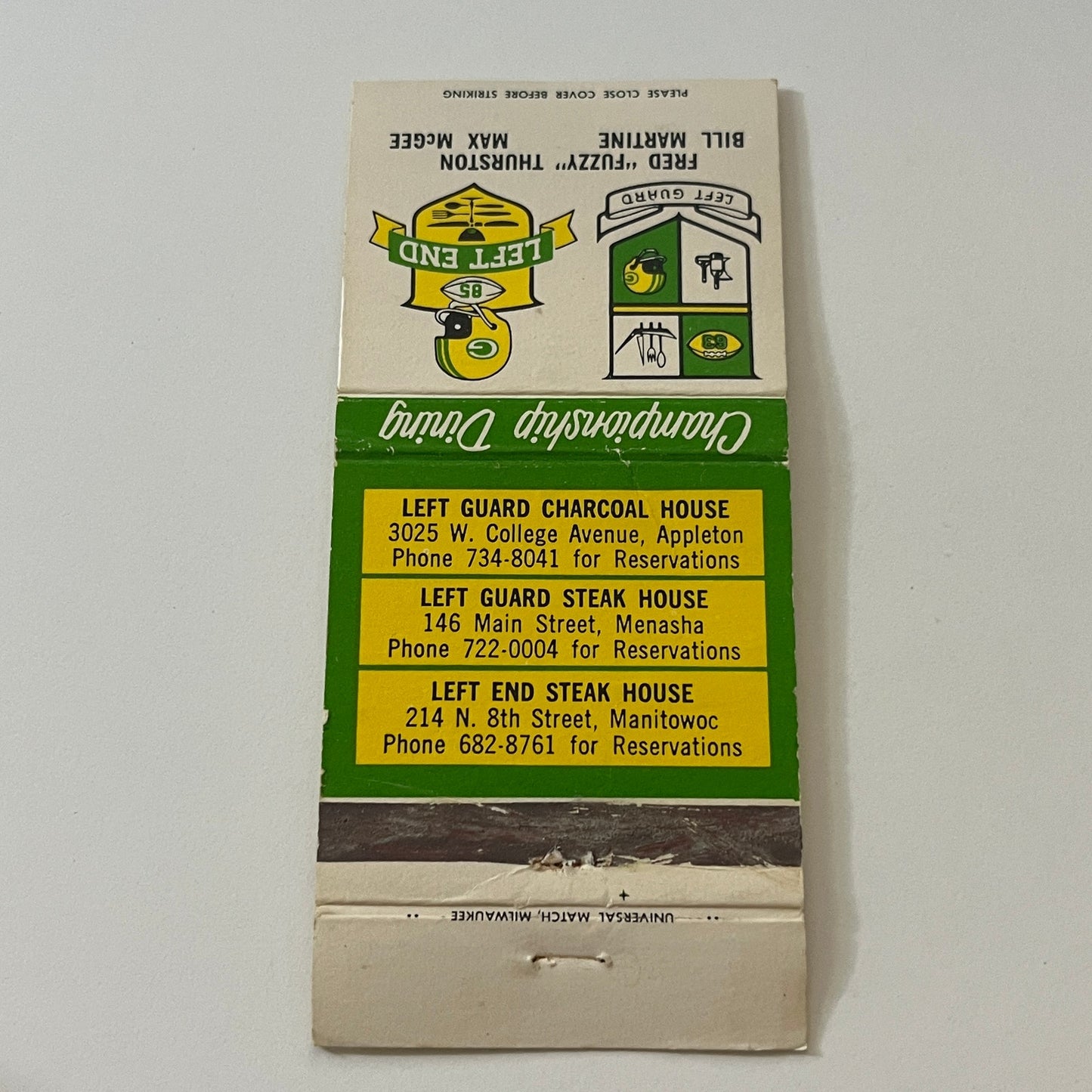 Green Bay Packers Restaurants Fuzzy Thurston Martine McGee Matchbook MM5-7