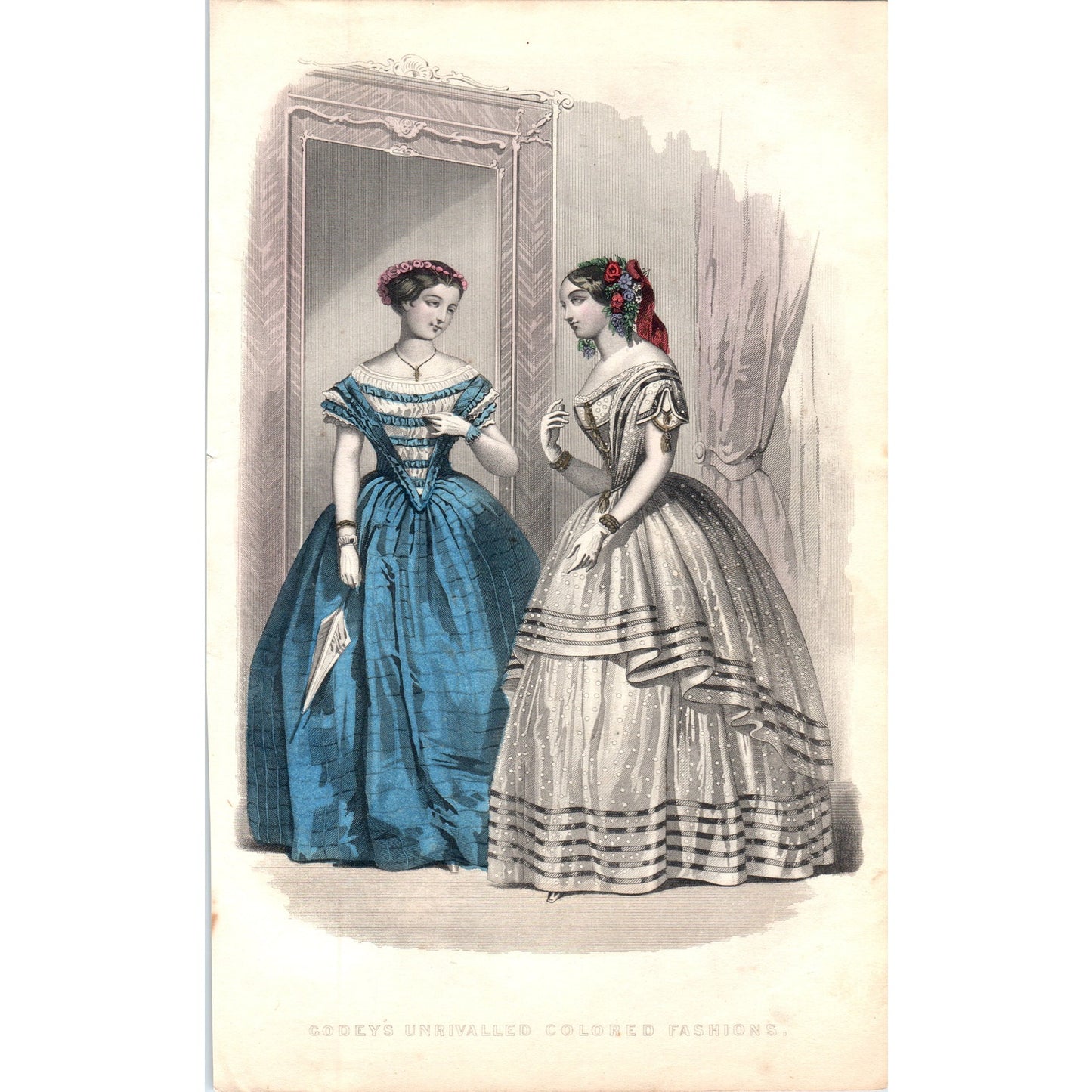 1857 Original Lady's Pre Civil War Fashion Plate Hand Tinted Engraving D19-2-12