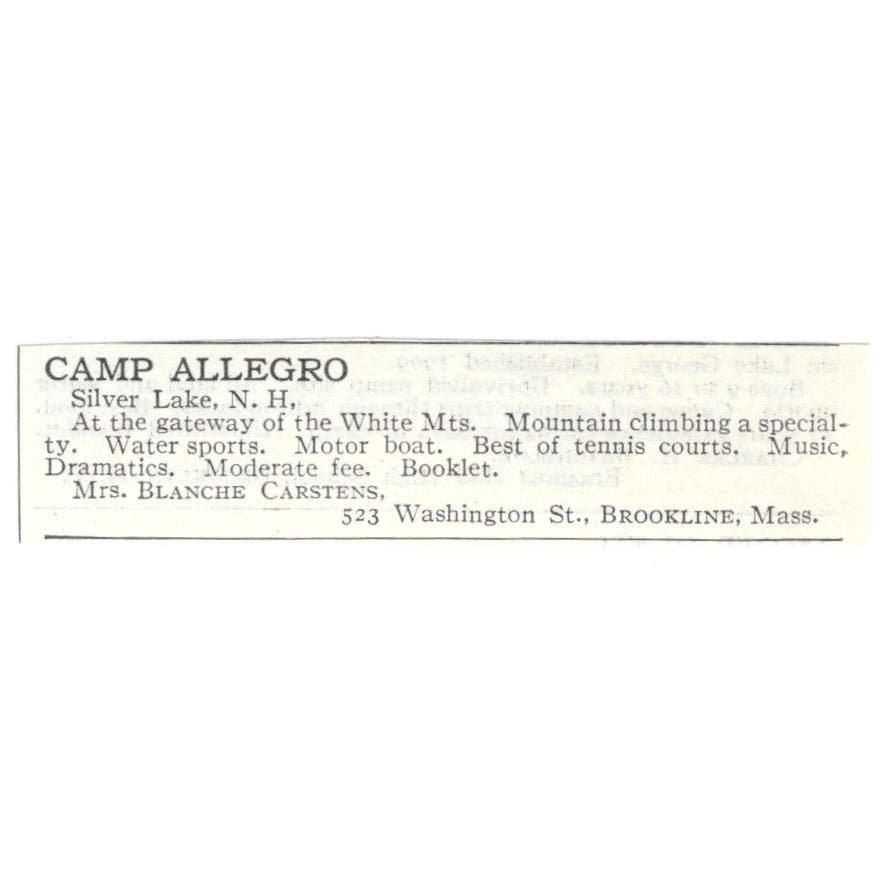 Camp Allegoro Silver Lake NH Blanche Carstens c1918 Advertisement AE5-SA9
