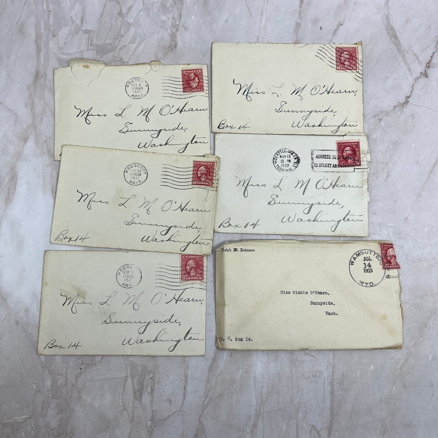 1921 L.M. Mickie O'Hearn Sunnyside WA Set of 6 Postal Cover Envelopes TG9-PC-5