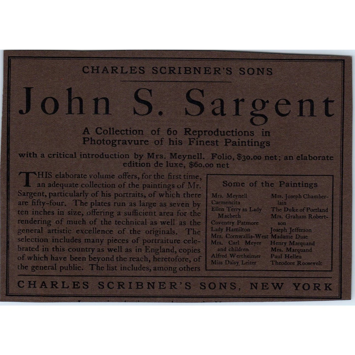 John S. Sargent Book Charles Scribner's Sons NY c1905 Victorian Ad AE9-MA4