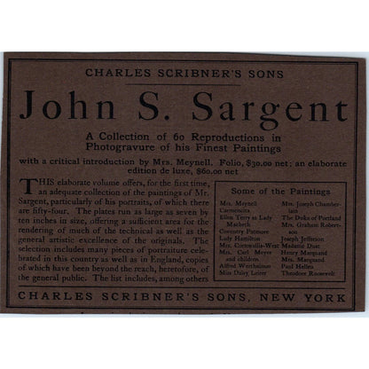 John S. Sargent Book Charles Scribner's Sons NY c1905 Victorian Ad AE9-MA4