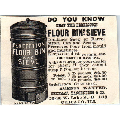 Sherman, Tangenberg & Co Flour Bin and Sieve Chicago c1890 Victorian Ad AE8-CH9