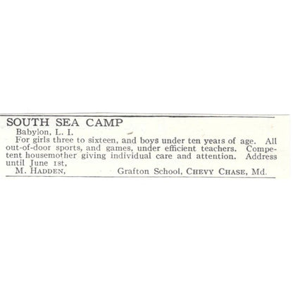 South Sea Camp Babylon Long Island M. Haden c1918 Original Advertisement AE5-SA6