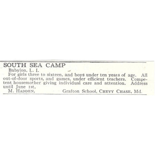 South Sea Camp Babylon Long Island M. Haden c1918 Original Advertisement AE5-SA6