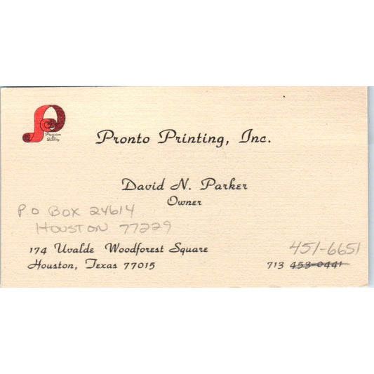 Pronto Printing Inc David N. Parker Houston TX Vintage Business Card SD4-B3