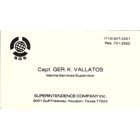 Superintendence Company K Vallatos Houston Texas Vintage Business Card SB4-B11