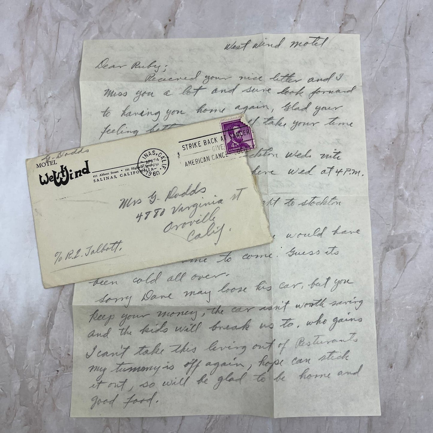 1960 Handwritten Letter Motel West Wind Salinas CA to Ruby Dodds Oroville CA AE6