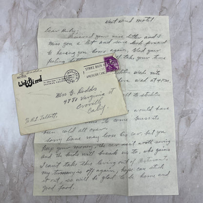1960 Handwritten Letter Motel West Wind Salinas CA to Ruby Dodds Oroville CA AE6