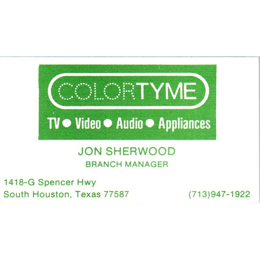 Jon Sherwood South Houston TX ColorTyme Rent to Own Vintage Business Card SD8-B5