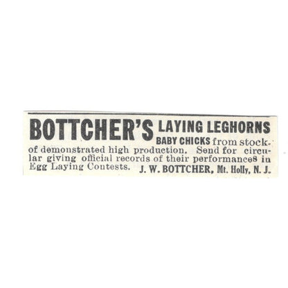 J.W. Bottcher Laying Leghorns Mt. Holly NJ 1924 Ad AG3-S4