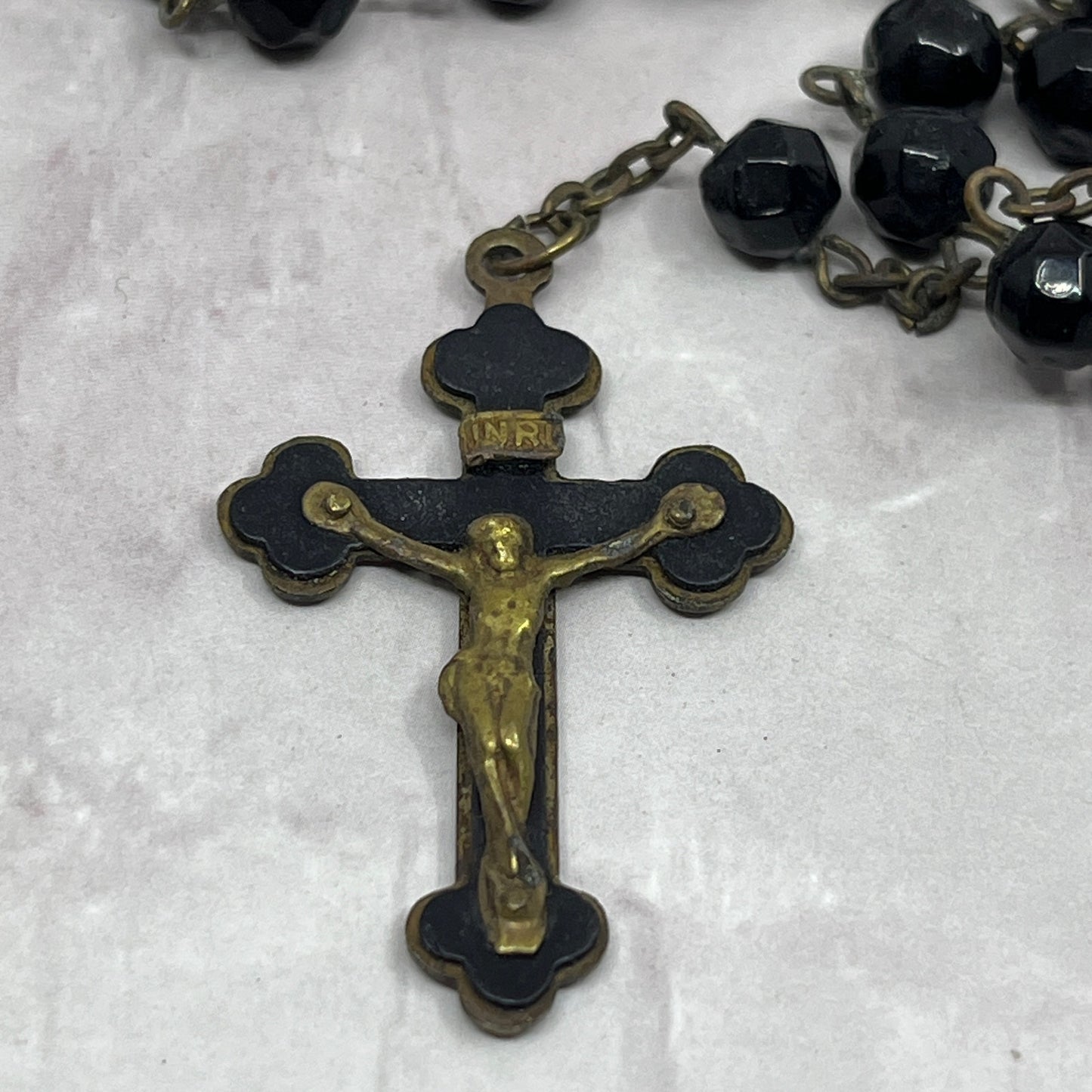 Vintage Black Glass Catholic Rosary Scapular Italy Marian Prayer Beads SE2-1