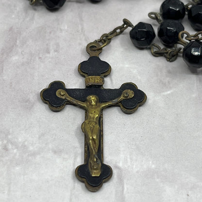 Vintage Black Glass Catholic Rosary Scapular Italy Marian Prayer Beads SE2-1