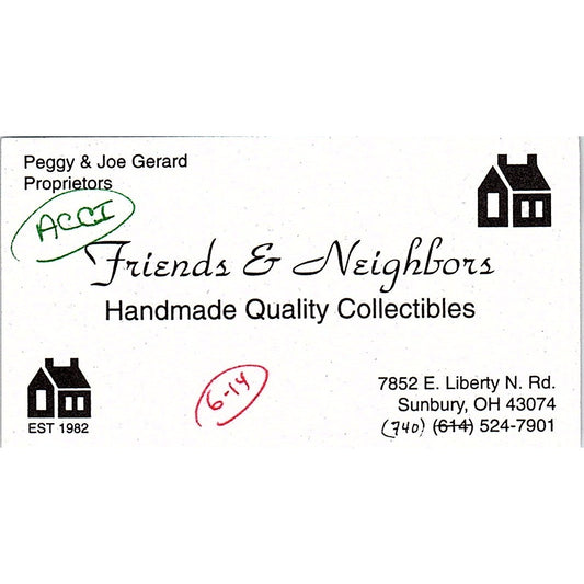 Friends & Neighbors Collectibles Peggy & Joe Gerard Sunbury Business Card SC9-B9
