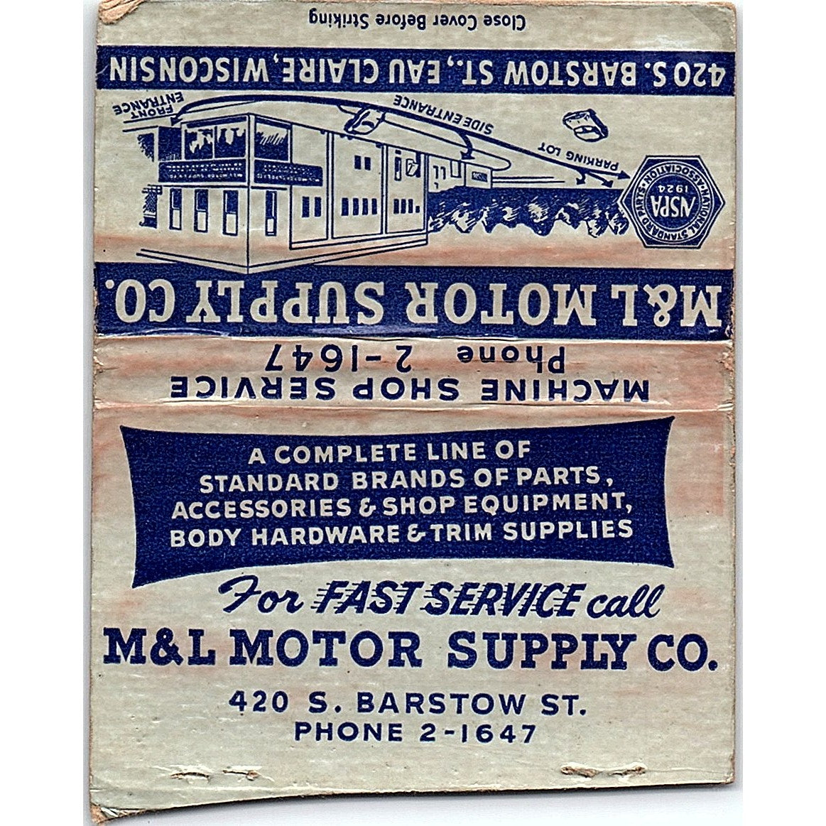 M&L Motor Supply Co Barstow St Eau Claire Vintage Large Matchbook Cover ML1-8
