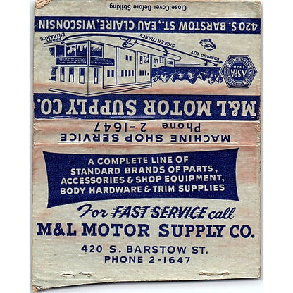 M&L Motor Supply Co Barstow St Eau Claire Vintage Large Matchbook Cover ML1-8