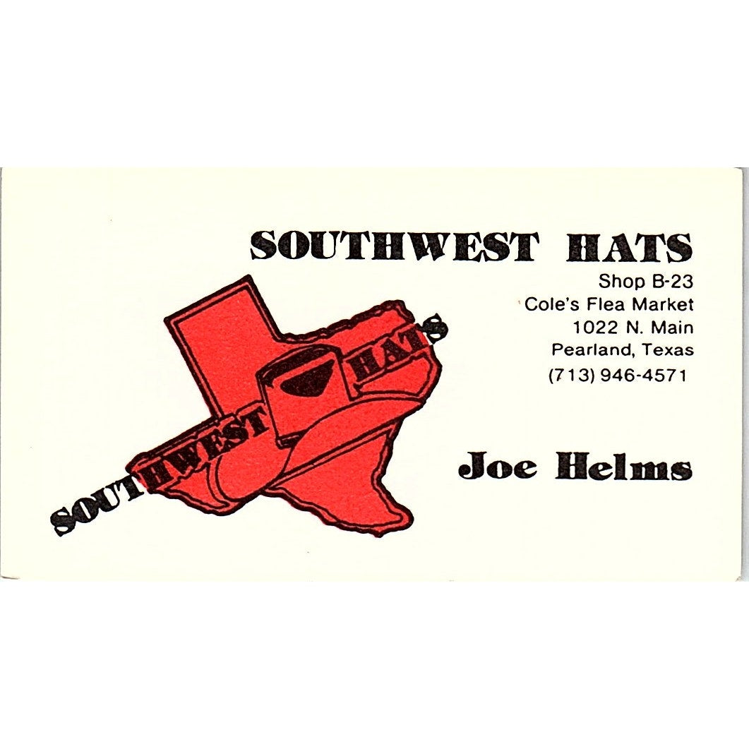 Southwest Hats Joe Helms Pearland TX Vintage Business Card SD9-B12