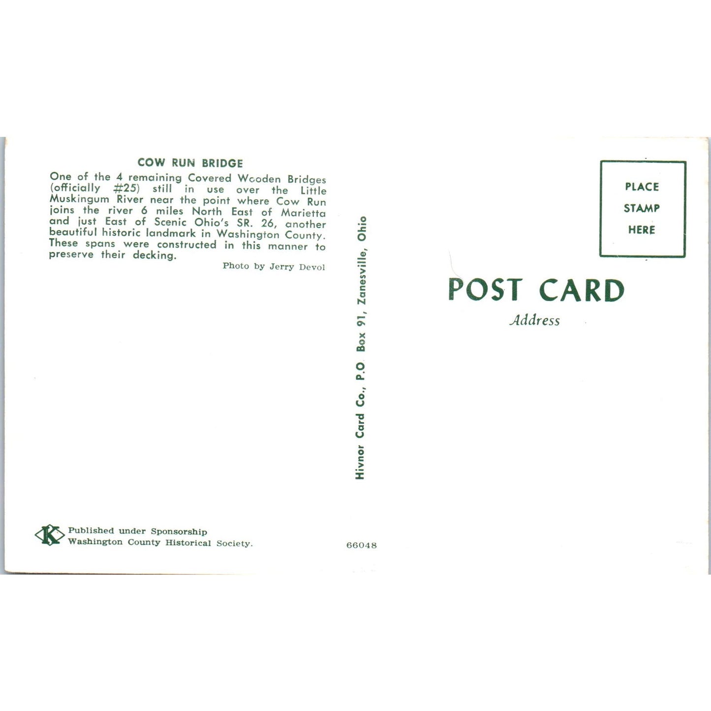 Cow Run Bridge #25 Marietta Ohio Covered Bridge Postcard PB12