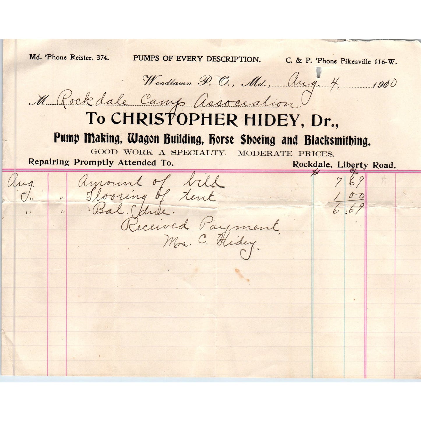 1910 Christopher Hidey Dr. Blacksmith Wagons Billhead Woodlawn MD AE5-H3