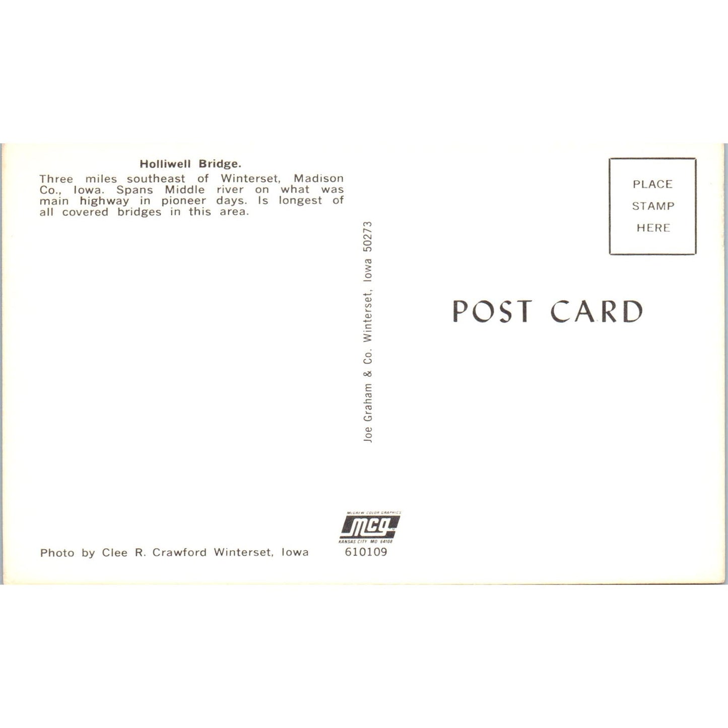 Holliwell Bridge Winterset Madison County Iowa Covered Bridge Postcard PB13