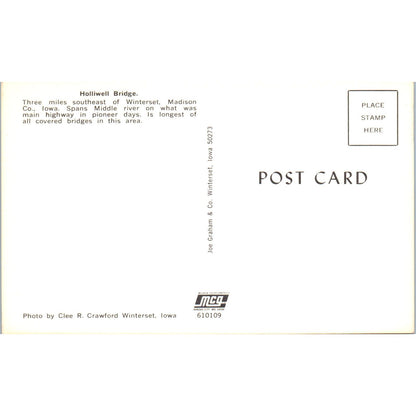 Holliwell Bridge Winterset Madison County Iowa Covered Bridge Postcard PB13