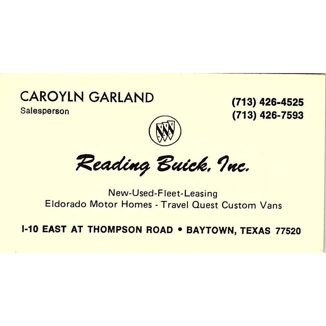 Carolyn Garland Reading Buick Inc Baytown Houston Vintage Business Card SD9-B6