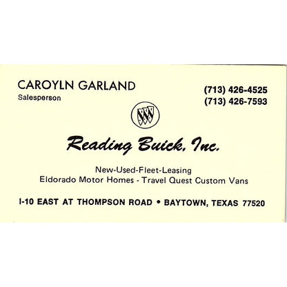 Carolyn Garland Reading Buick Inc Baytown Houston Vintage Business Card SD9-B6