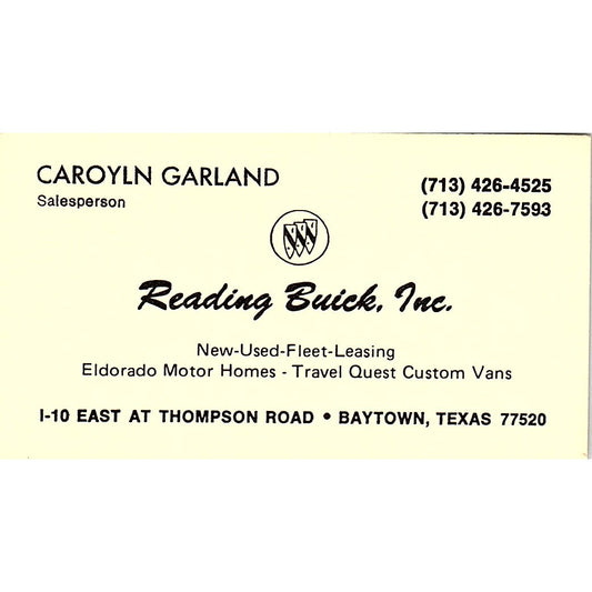 Carolyn Garland Reading Buick Inc Baytown Houston Vintage Business Card SD9-B6