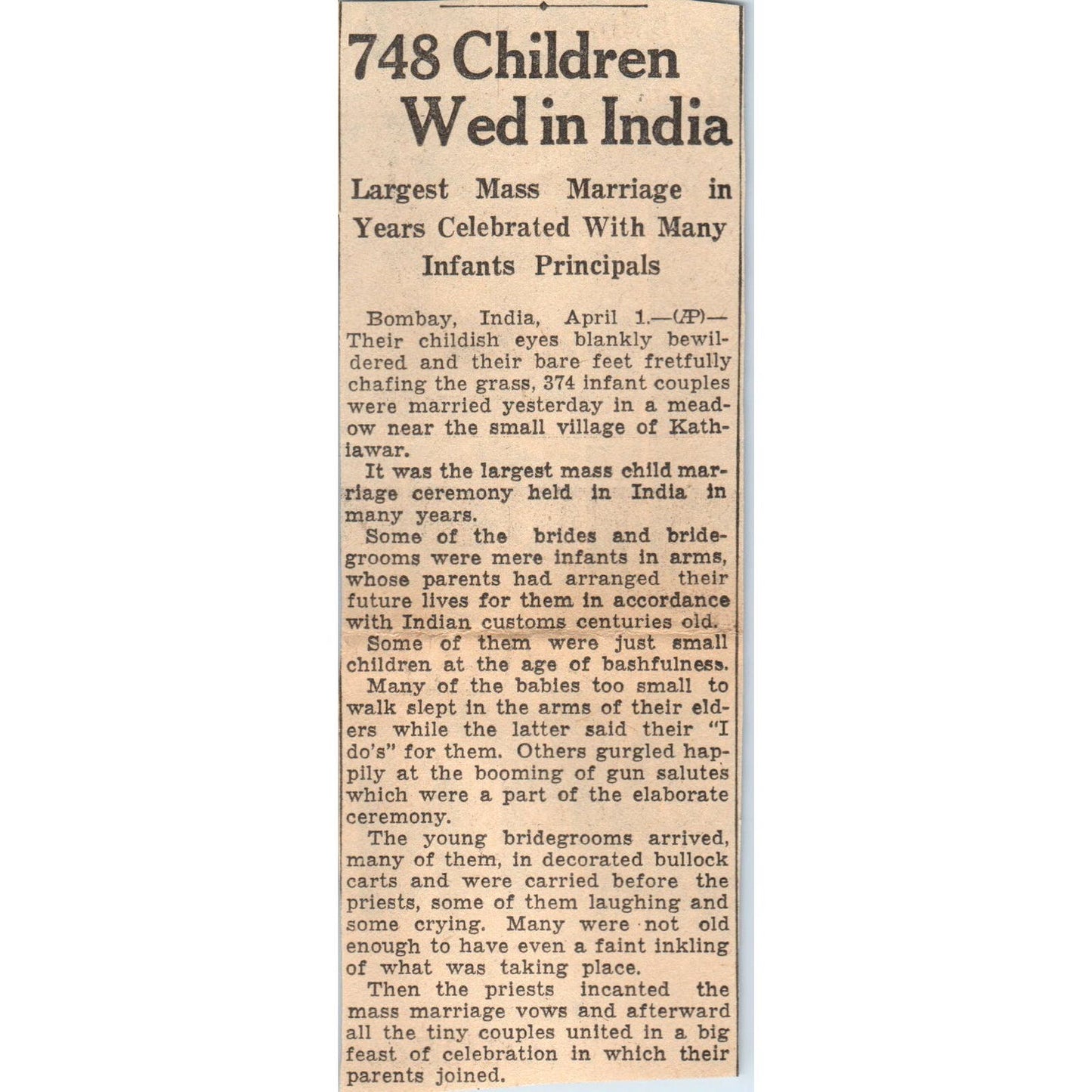 748 Children in India Mass Wedding 1935 Minneapolis Journal Article AE7-N4