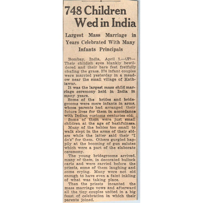 748 Children in India Mass Wedding 1935 Minneapolis Journal Article AE7-N4