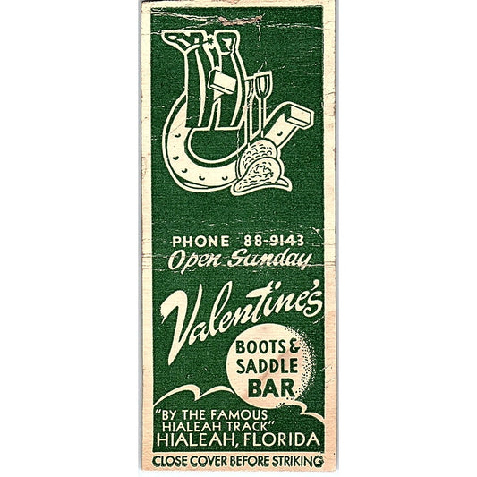 Tom Valentine's Boots & Saddle Bar Hialeah FL Vintage Matchbook Cover SE5-Y2