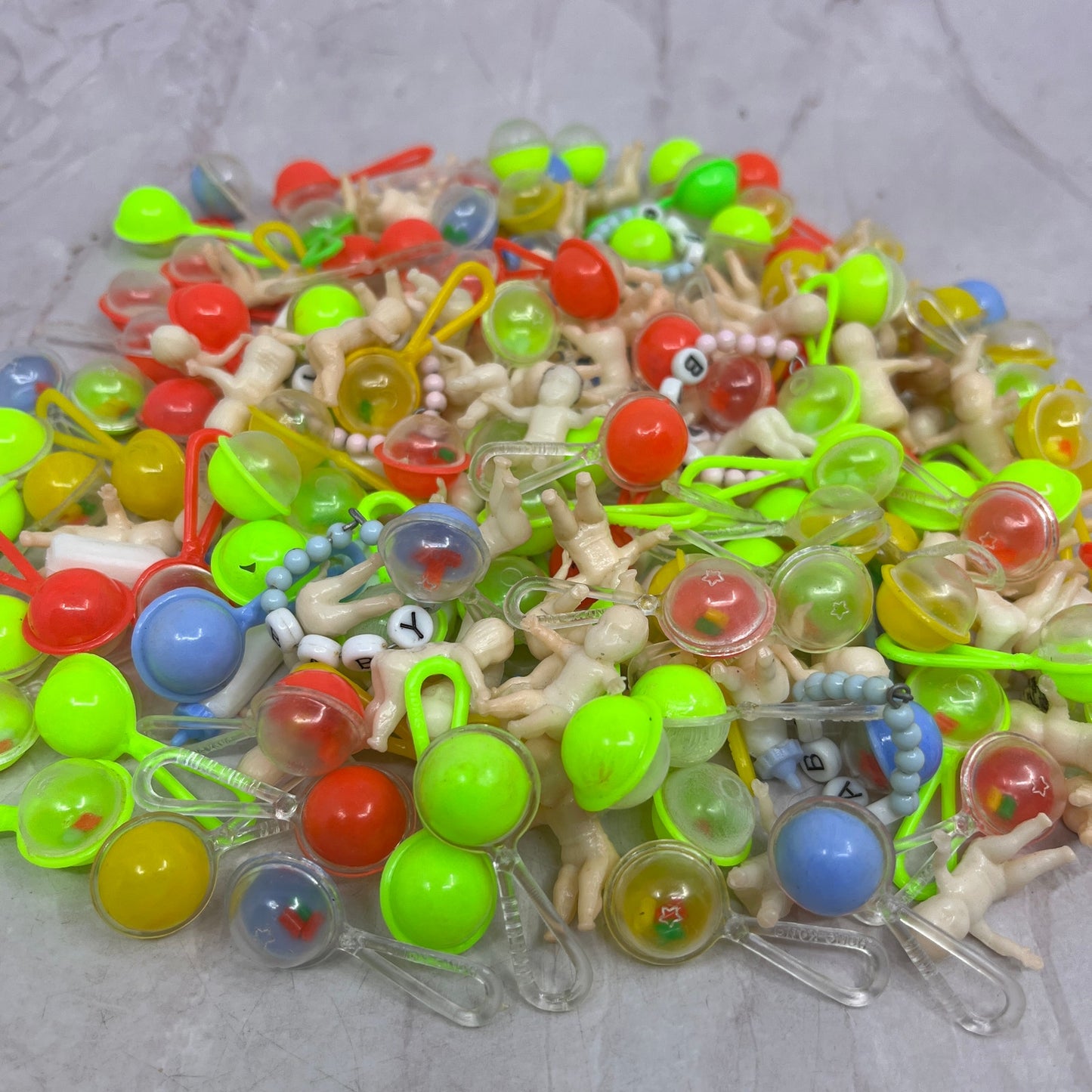 Vintage MCM Celluloid Baby Shower Cake Topper Set Babies Rattles Bottles TH2