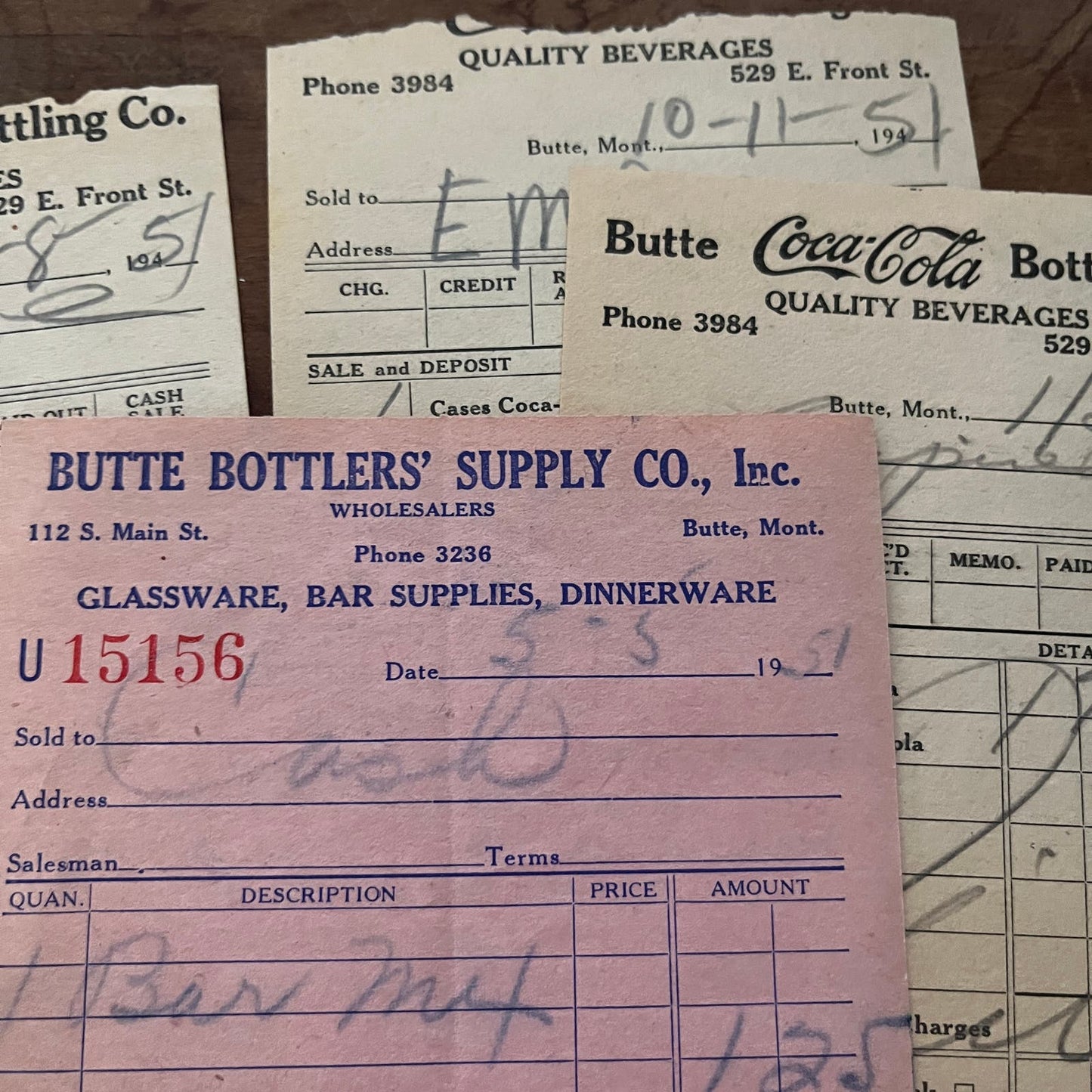1950s Coca Cola Coke Receipt Lot of 4 Butte Bottler's Supply Co Montana AE8-4
