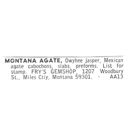 Fry's Gemshop Montana Agate Miles City Montana 1972 Ad AF8-S9