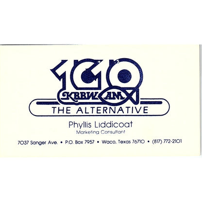 1010 KBBW AM Phyllis LIddicoat Waco TX Vintage Business Card SSB4-B12