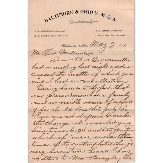 1901 Baltimore & Ohio Y.M.C.A. Letterhead Note E.B. Bailey Baltimore MD AE5