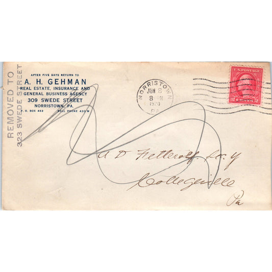 1920 A.H. Gehman Ins Norristown PA Postal Cover Envelope TG7-PC3