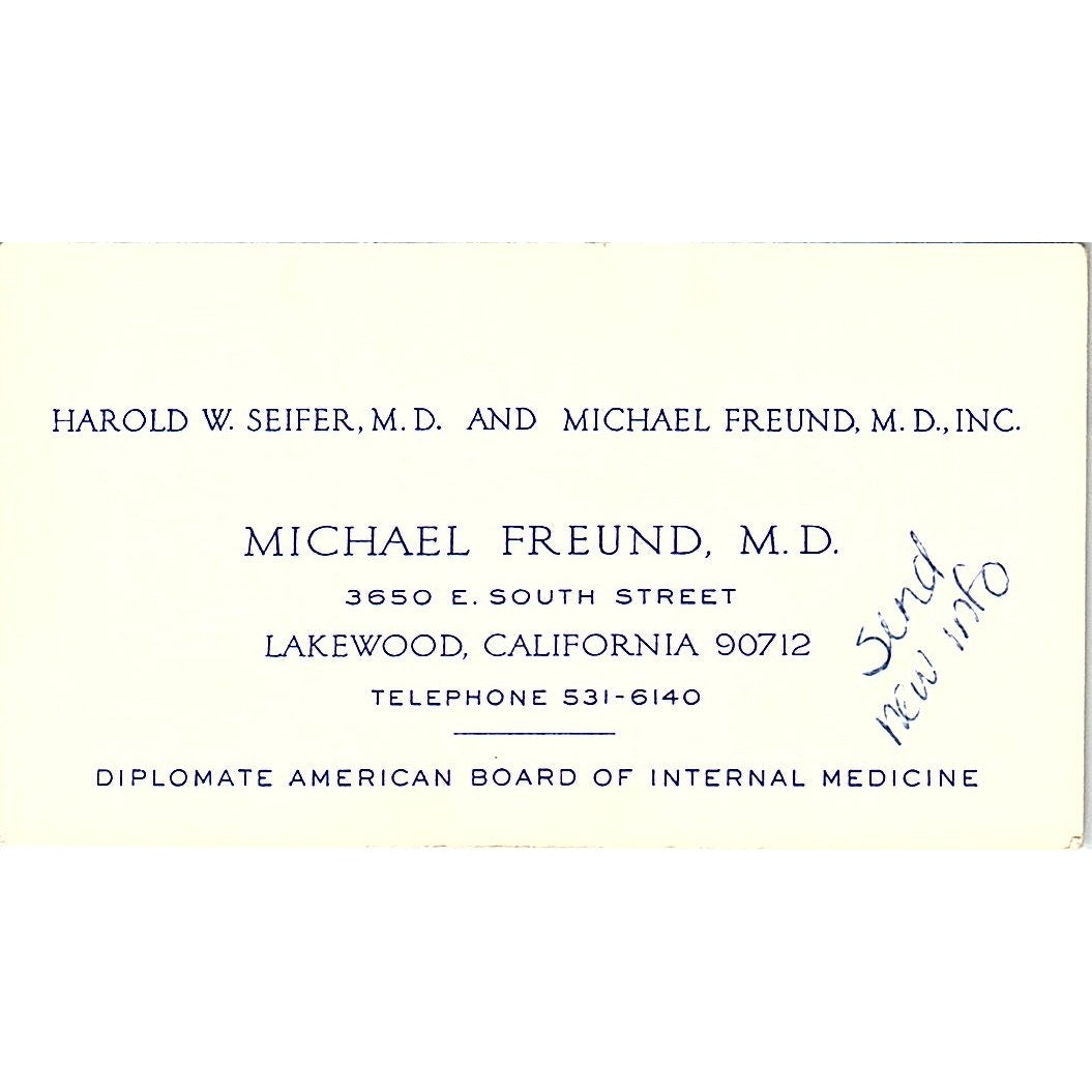Diplomate American Board, Michel Freund Lakewood CA Vintage Business Card SF3-B7