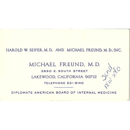 Diplomate American Board, Michel Freund Lakewood CA Vintage Business Card SF3-B7