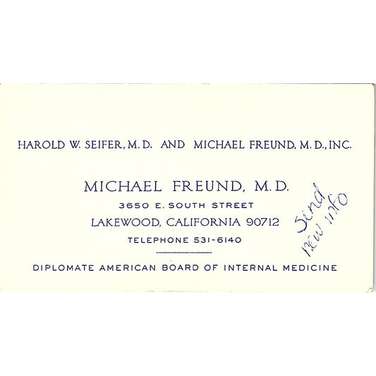 Diplomate American Board, Michel Freund Lakewood CA Vintage Business Card SF3-B7