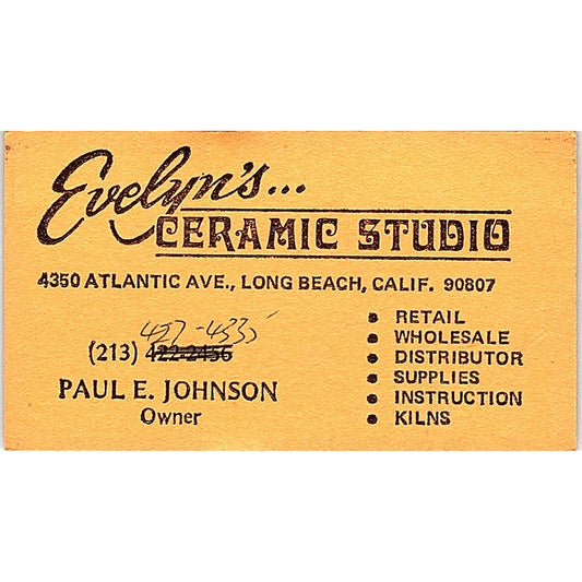 Evelyn's Ceramic Studio Paul E Johnson Long Beach Vintage Business Card SD9-B5